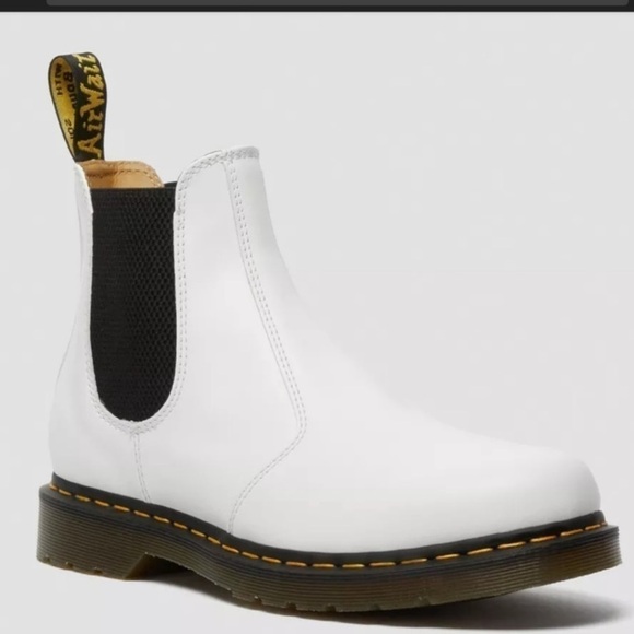 Dr. Martens 2976 Chelsea Yellow Stitch Smooth White Leather Boot - Picture 2 of 16